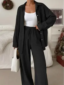 Women's Casual 2 Piece Linen Set: Collared Button Down Drop Shoulder Shirt & High Waist Tie Front Wide Leg Pants, Comfortable Loose Pant Sets for Spring & Fall