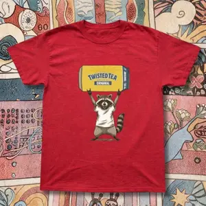 Red Twisted Tea Raccoon Graphic Baby Tee – Y2K Aesthetic Graphic Top