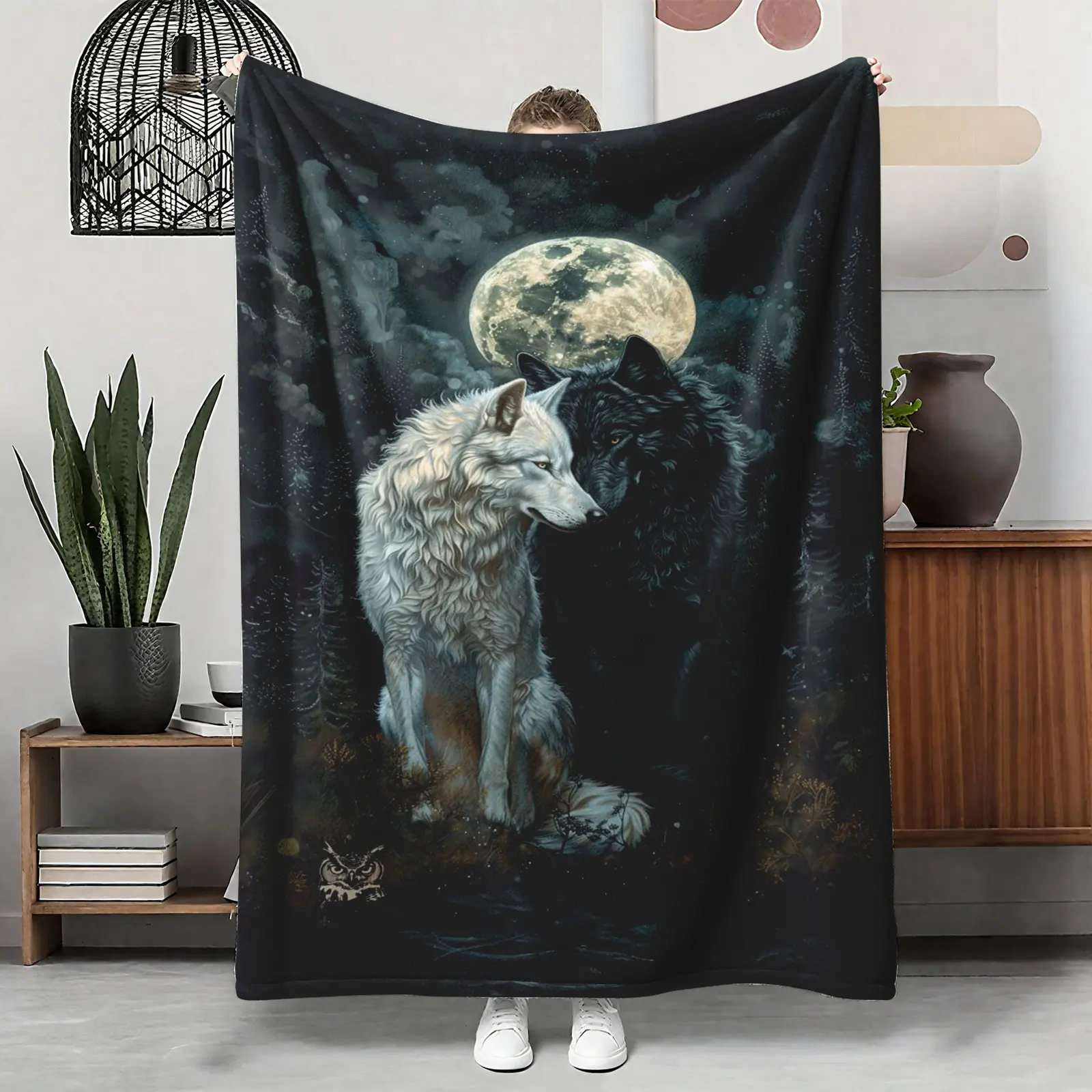 Moon Night Black White Wolf Flannel Throw Blanket, Romantic Dark Sky Soft Cover, Cozy Warm Mystical Gift for Him Her, Gothic Home Decor for Couch Sofa Bed, Summer AC Nap Blanket, Birthday Christmas Halloween Gift for Wolf Lovers, Howl Throw
