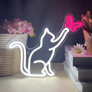 Cute Cat Butterfly Neon Light, Decorative Night Light, USB Powered Adjustable Brightness, Perfect Gift for Girls Bedroom Decor, No Power Plug Needed