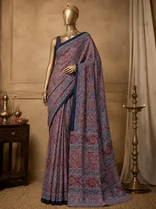 Modal Ajrakh saree without ladti patta red design 1