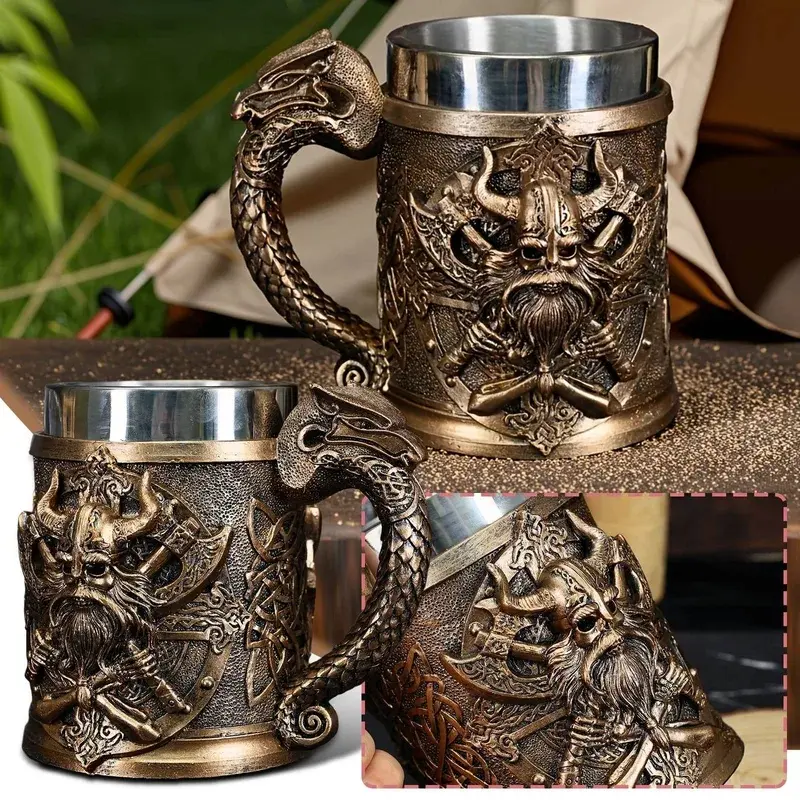 600ML Insulated Gothic Viking Dragon-Handle Beer Mug, 3D Embossed Stylish Shaped Resin-Stainless Steel Drink Cup, Medieval Pirate Large-Capacity Men's Gift