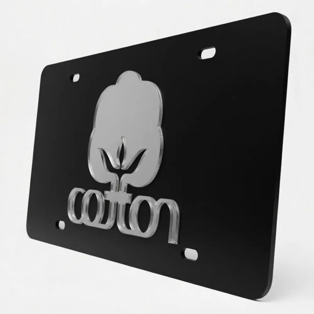 Premium 3D Cotton Boll License Plate - Silver Mirror Chrome Acrylic on Matte Black Aluminum - Heavy Duty Luxury Truck Accessory - Made in USA