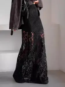 Women's Floral Lace Sheer Skirt, Elegant Fashion Casual High Waist Skirt for Daily Outdoor Wear, Ladies Bottoms for All Seasons