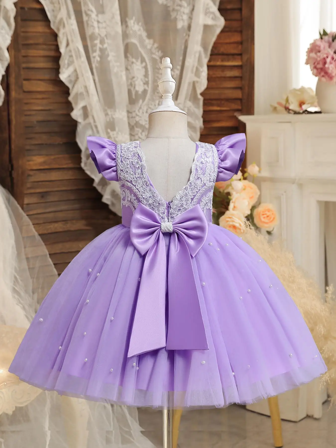 Girl's Contrast Sequin Bow Back Tulle Party Dress, Cute Butterfly Sleeve Round Neck Fit and Flare Dress for Party, Kids Clothes for Summer