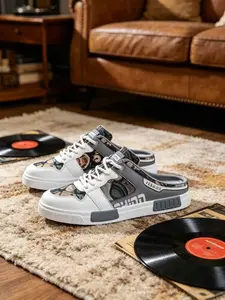 Plus Size Men's White-Gray Camo Mule Sneakers, Cool Stylish Style, Old School Camo Paneling + Mule Slip-On Design + "FASHION" Logo, Unique Style, Plus Size Friendly , Ideal for Plus Size Men's Daily Leisure & Light Outings, Walking Shoes