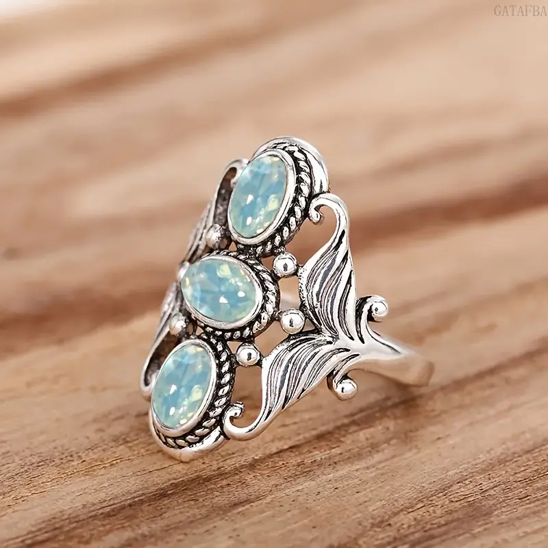 Women's Vintage-Inspired Silver-Plated Moonstone Lotus Ring - Elegant Fashion Rings, Retro Ethnic Exquisite Jewelry Accessory for Daily, Party Wear, Vintage Inspired Ring