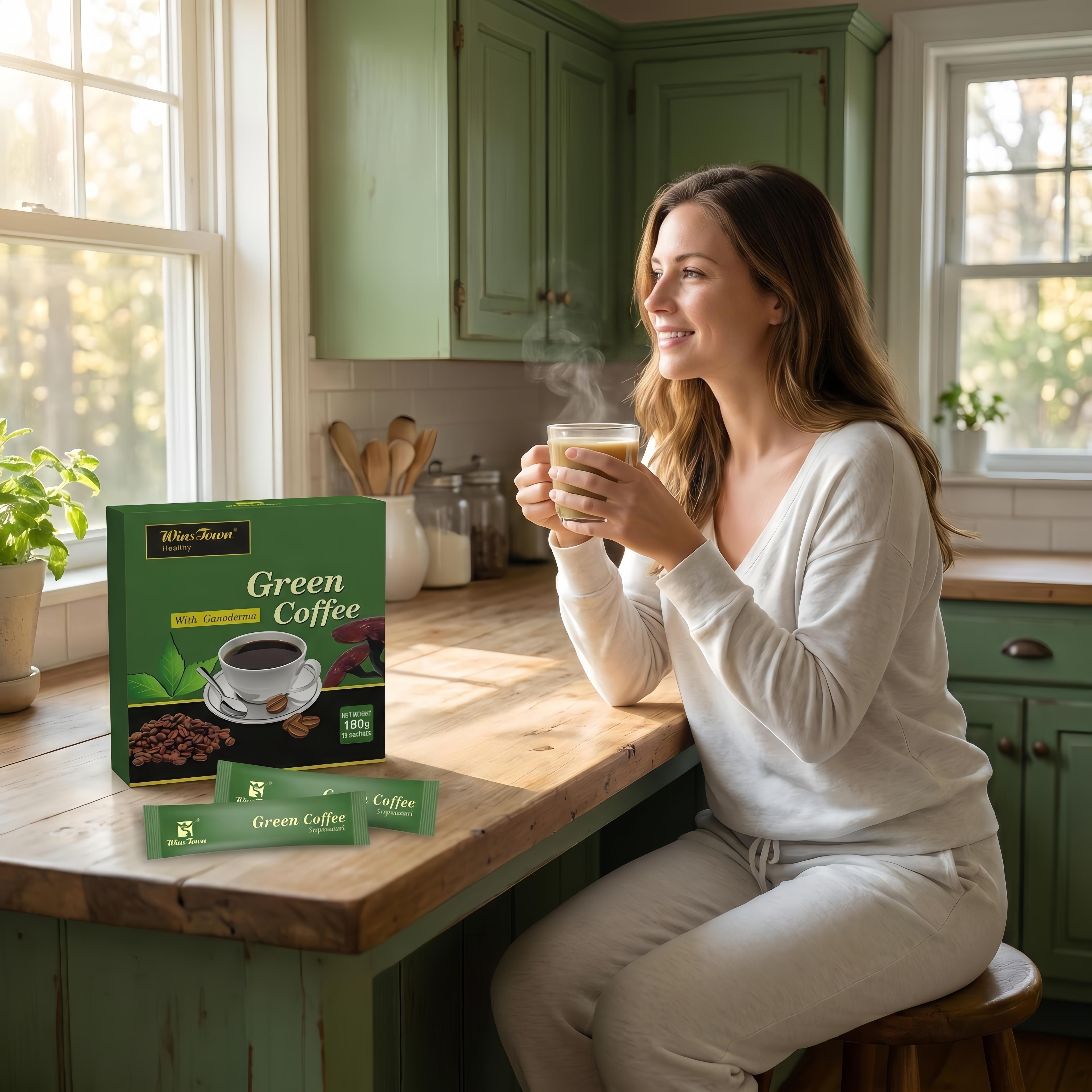 WinsTown Low Fat Green Coffee 180g(18 Sachets), Natural Herbal Blend Flavor Instant Coffee Powder, Ideal for Morning Routines, Midday Boost & Outdoor Travel,Easy Sip Anytime