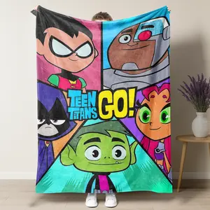 Teen Titans Go! 5-Character Geometric Graphic Flannel Blanket,Vibrant Superhero Grid Print Soft Throw Blanket,Perfect Gift for Kids & Cartoon Fans,Cozy Blanket for Bedroom & Naps