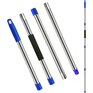 Mop Handle Replacement - 4-Section Adjustable from 30" to 58" - Durable Stainless Steel Mop Pole with American Thread Joint for Spin Mops & Brooms (Blue)