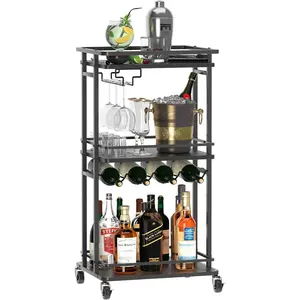 NEW 3 Tier Bar Cart for Home, Rolling Mini Liquor Bar Cabinet with Wine Rack and Glass Holder, Home Bar Serving Cart on Wheels for Dinner Party Wine Alcohol Drink, Bar Stand for Living Room Kitchen
