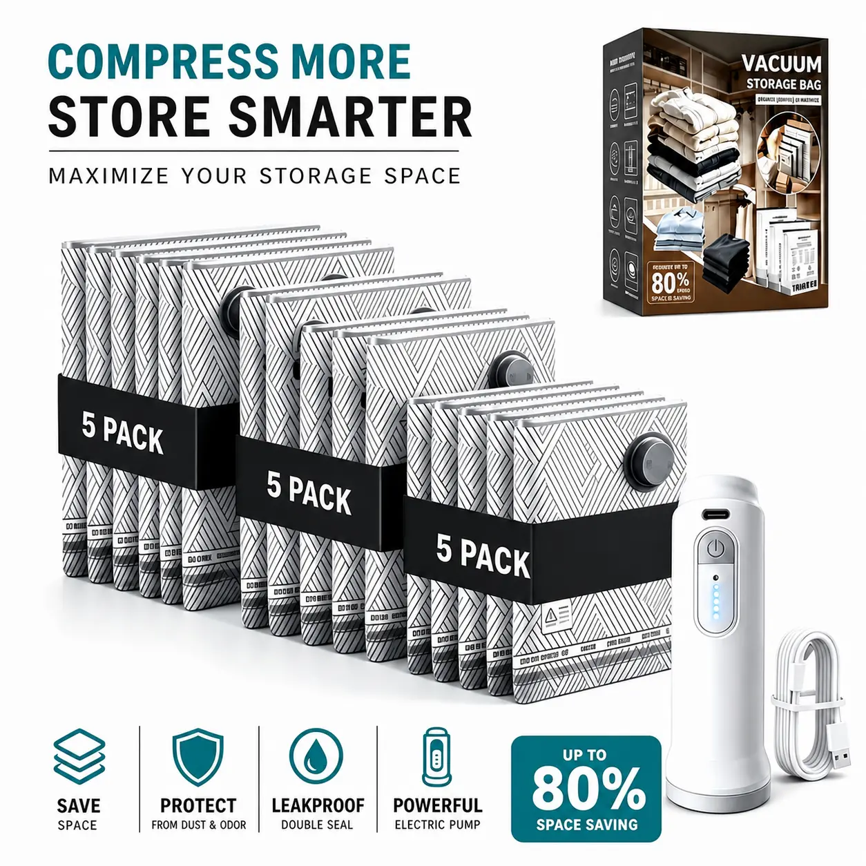 2026 new model of compression bags has been upgraded to PA+PE materials, featuring 15 packs and 1 wireless pump (1500mAh ultra-long battery life). Available in 3 sizes, they save storage space and are convenient for compressing luggage during travel.