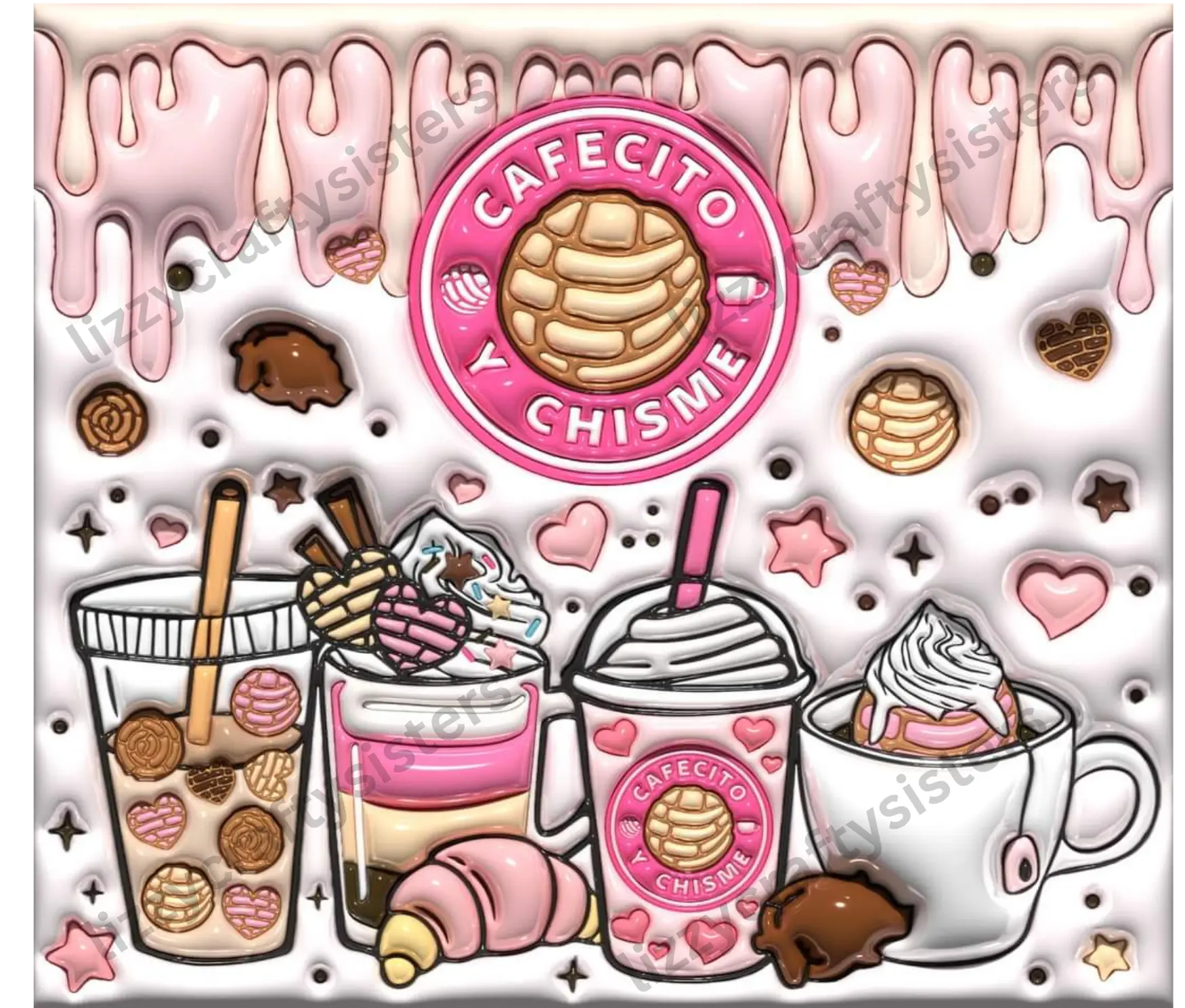 3D Cafecito y Chisme pink sublimation Tumbler Wrap Print