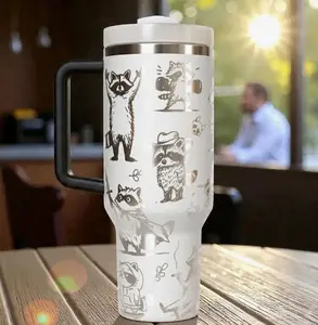 Raccoon 40oz Laser Engraved Tumbler – Insulated Stainless Steel Travel Mug with Handle, Large Capacity Cup, Cute Gift for Animal Lovers