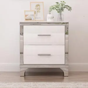 Elegant High Gloss Nightstand with Metal Handle,Mirrored Bedside Table with 2 Drawers for Bedroom,Living Room,White-N733P205356K
