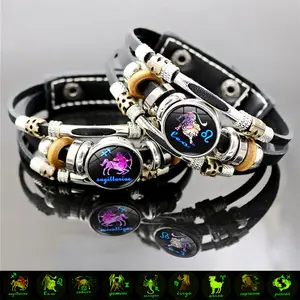 12 Zodiac Signs Glow in the Dark Multi-Layer Leather Bracelet for Women and Men Adjustable 17.5/20.5cm Astrology Punk Jewelry Genuine Leather Punk Vintage Style