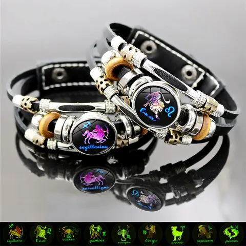 Sohochic Women's 12 Zodiac Sign Night-Glow Symbol Leather Bracelet - Fashion Cool Accessories, Snap-On Adjust, Aquarius Aries Horoscope Jewelry, Everyday Wear Gift