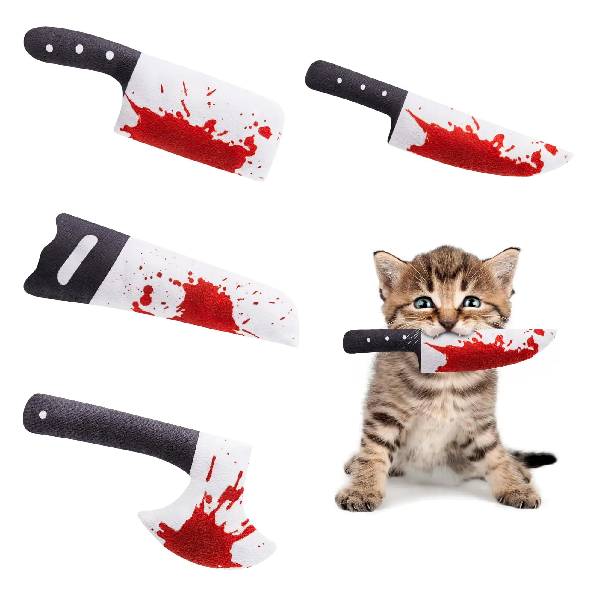 Potaroma 4Pcs Cat Chew Toys Catnip Crinkly Sound Toy, Horror Halloween Knife-Shaped Kitten Bite Kicker Toys, Indoor Exercise 7.5 Inches for All Breeds