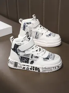 Children's Fashionable High-Top Sneakers with Letter Pattern Decoration & Velcro Fastening Skater Trendy Trainers Thick Soled Eva Trainer Footwear for Daily School & Casual Wear