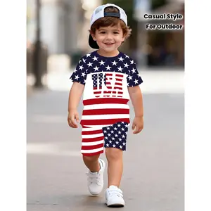 2pcs Boys' Summer Shorts Set/Cartoon 3D Flag Print Round Neck Top + Casual Comfortable Shorts/Sporty Leisure Outfit/Perfect Gift for Outdoor Activities, Perfect for Outdoor