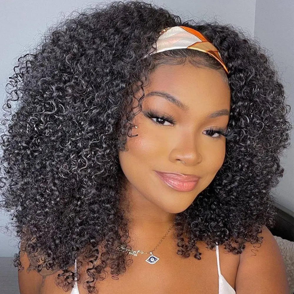 Bling Hair Headband Wig Human Hair Short Curly Wig For Women Glueless Kinky Curly Cheap Wig Fall Machine Made Non Lace Brazilian Remy Hair TikTokShopHolidayHaul