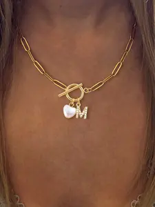 Women's Pave Zirconia Initial Heart Artificial Pearl Pendant Necklace, Stainless Steel Paper Clip Chain, Casual Fashion Jewelry Gift, Dainty Pearl Necklace