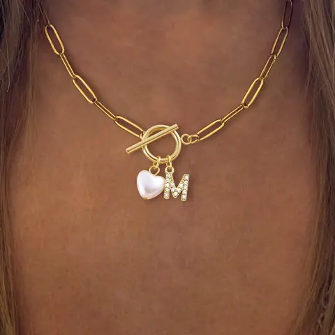 Mother's Day Gift Women's Pave Zirconia Initial Heart Artificial Pearl Pendant Necklace, Stainless Steel Paper Clip Chain, Casual Fashion Jewelry Gift, Dainty Pearl Necklace, Faux Pearl Jewelry, Trendy Necklace, Necklace for Mom