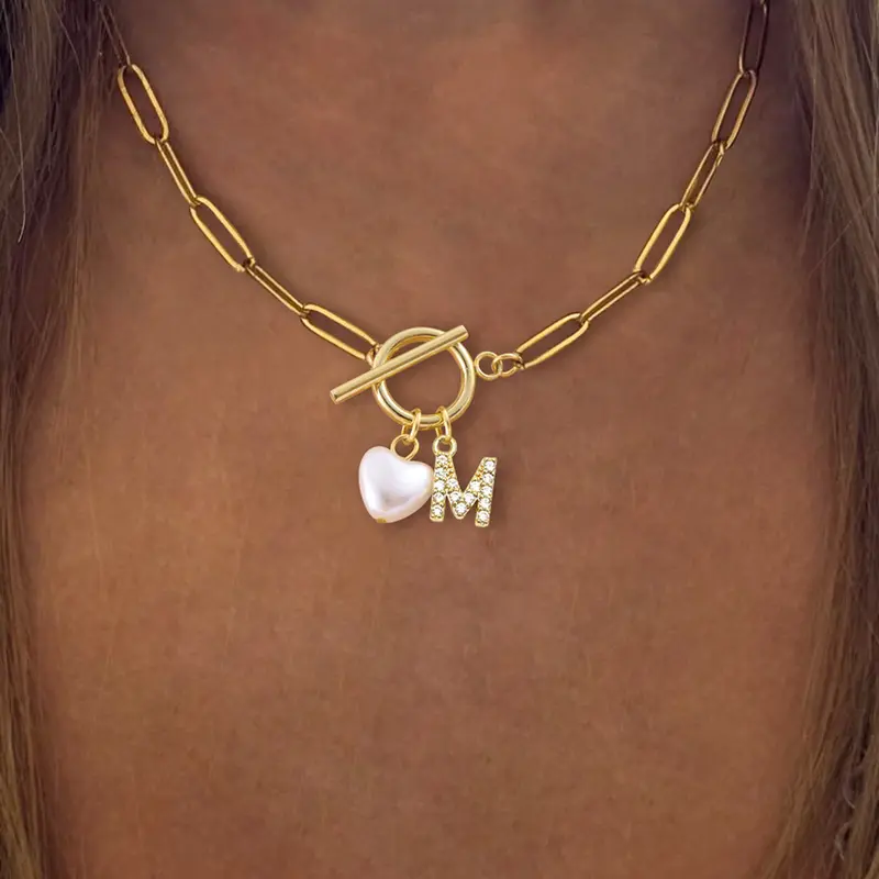 Mother's Day Gift Women's Pave Zirconia Initial Heart Artificial Pearl Pendant Necklace, Stainless Steel Paper Clip Chain, Casual Fashion Jewelry Gift, Dainty Pearl Necklace, Faux Pearl Jewelry, Trendy Necklace, Necklace for Mom