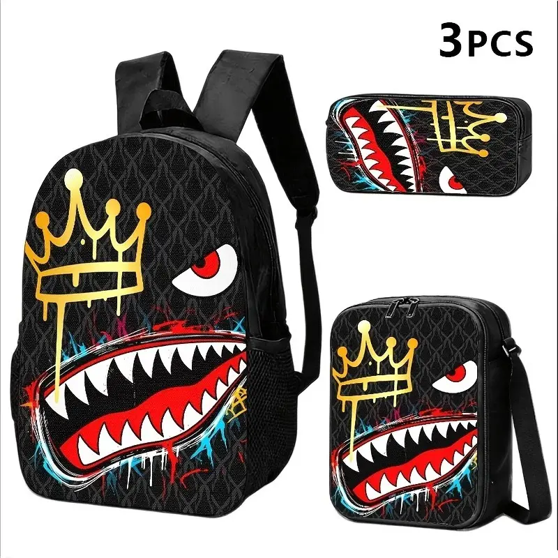 3pcs Shark Graffiti Style Pattern Backpack Set Lightweight Large Capacity Travel Bag Shoulder Bag Pencil Bags Gift