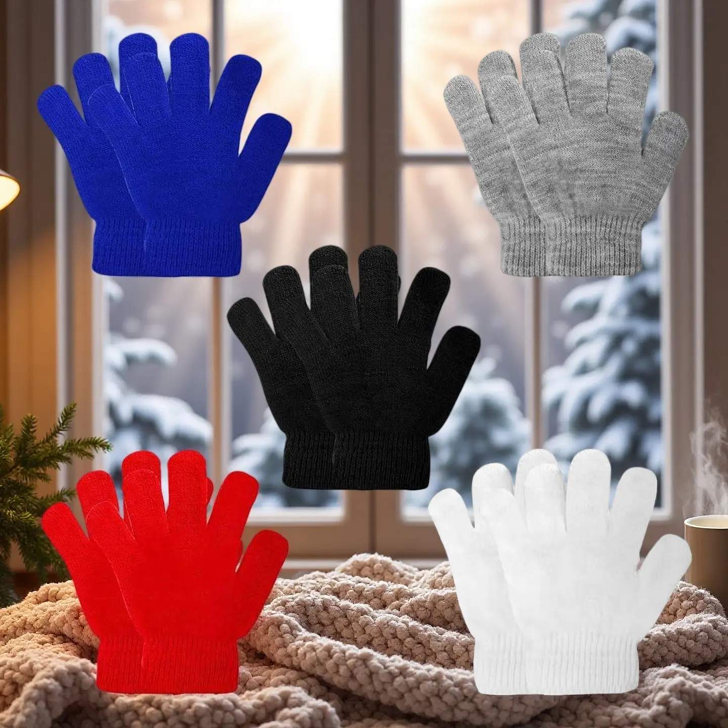 L-F018 Kids' Acrylic Finger Knit Winter Gloves - Black, Blue, Red, Gray - 3-24 Pairs for Boys and Girls, White, 5 Pairs, 5-12 Years