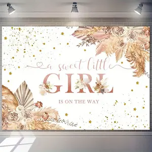 1pc Boho Baby Shower Backdrop "A Sweet Little Girl is on the Way" - Bohemian Pampas Grass & Floral Photography Background with Golden Glitter Accents, 230.0x180.01 cm, Durable Polyester Fabric for Weddings, Br Banners Flower