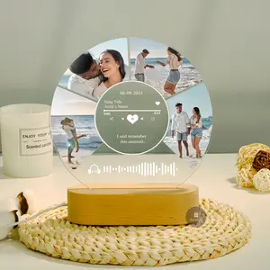Custom Acrylic Song Photo Plaque Nighlight Personalized Round Music Plaque Picture Frame Gift for GF Boyfriend Couple Anniversary Valentine's Day desk decoration ornament