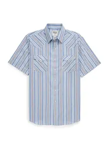 Men's Ely Cattleman Short Sleeve Stone Blue Stripe Western Snap Shirt