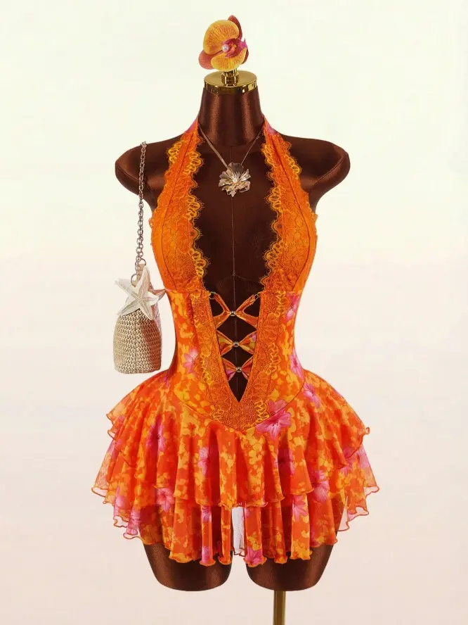Women's Lace Halter Mini Dress V Waist Double Layer Hem Retro Summer Party Vacation Dress