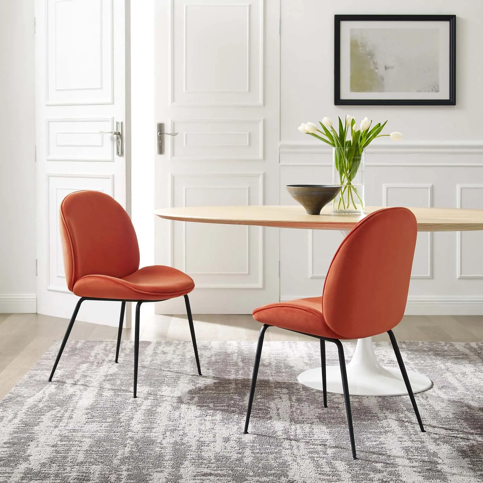Modway Scoop Cushioned Modern Dining Chairs - Set of 2, Orange Performance Velvet, Black Powder Coated Steel Legs, Interior Furniture, Home Accessory, Cushioned Dining Room Furniture