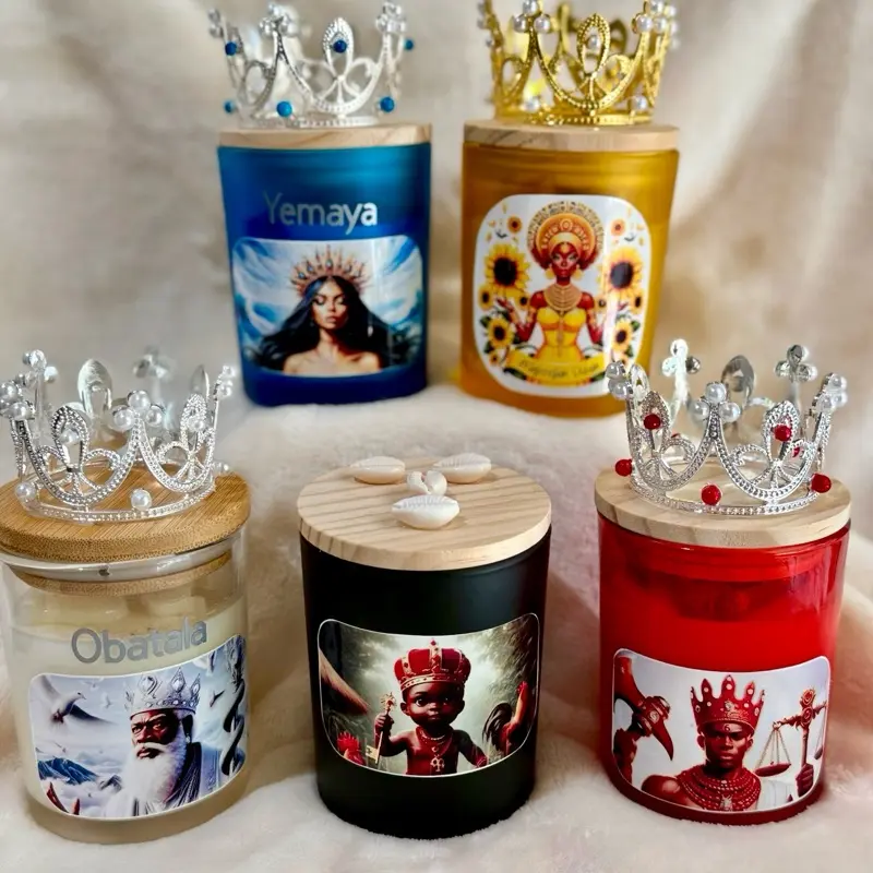 Yemaya Brand Set of 5 Candles - Yemaya Oshun Obatala Elegua Shango with Royal Crowns Decorative Aromatherapy Candles