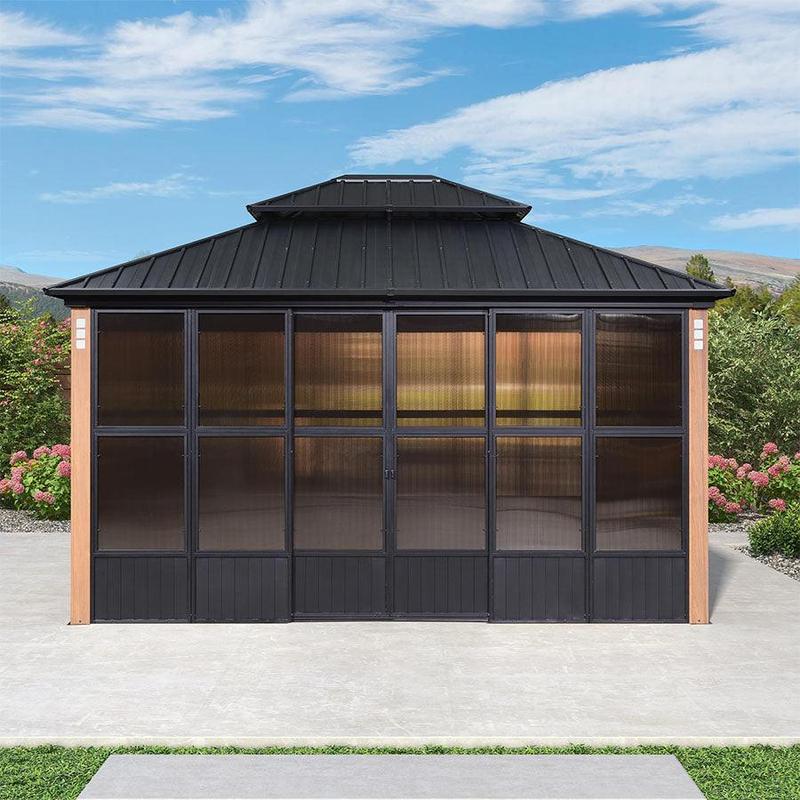 PURPLE LEAF 12' x 14' Hardtop Gazebo For Patio | Screen House Wood Grain Aluminum Solarium Canopy