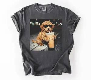 [Sale Up To 50%] Comfort Colors Funny Goldendoodle Drinking Iced Coffee T-Shirt,Dog Meme Graphic Tee,Coffee Dog Shirt,Gift For Animal Lover,Funny Dog Shirt