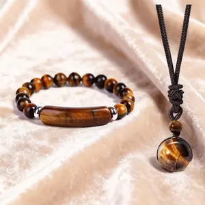2pcs Natural Stone Jewelry Set for Men & Women Adjustable Woven Cord Tiger Eye Stone Necklace Bracelet Healing Chakra Gift