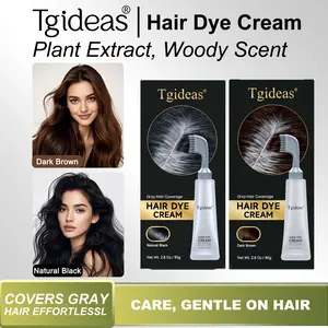 Tgideas Permanent Hair Dye, triple treatment, contains hyaluronic acid, 100% coverage of gray hair, available in black and brown, 1 box (includes hair dyeing tools).