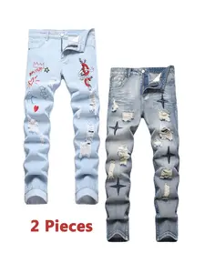 2 Pieces Y2k Jeans For Men Vintage Streetwear Slim Fit Denim Pants Straight Leg Casual Trousers Fashion Mid Waist Ripped Menswear