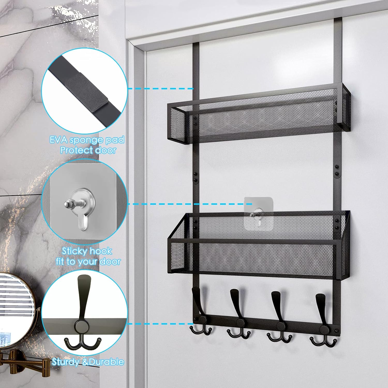 Over The Door Hooks Organizer 3 Tier, Heavy Duty Coat Rack Door Hanger Storage with Towel Rack, Back of Door Organizer for Bathroom Bedroom Kitchen Office