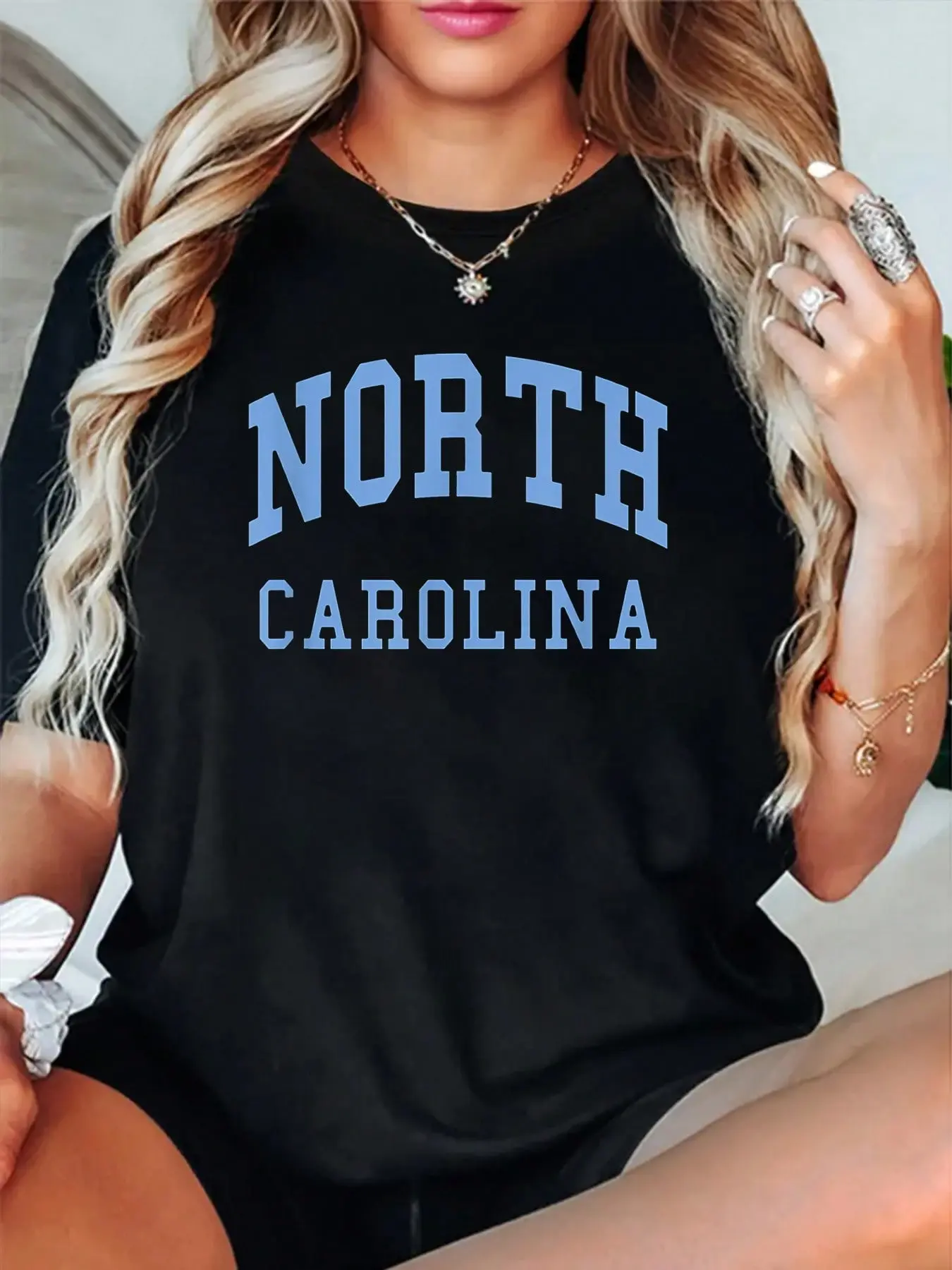Women's 100% Cotton Printed North Carolina Flag Graphic Tee, Casual Crew Neck Short Sleeve Lady's Top, Everyday Fabric Piece for All Seasons, Round Neck, Simple, Tshirt, Soft, Digital Print, Casual Wear, Simple Unisex