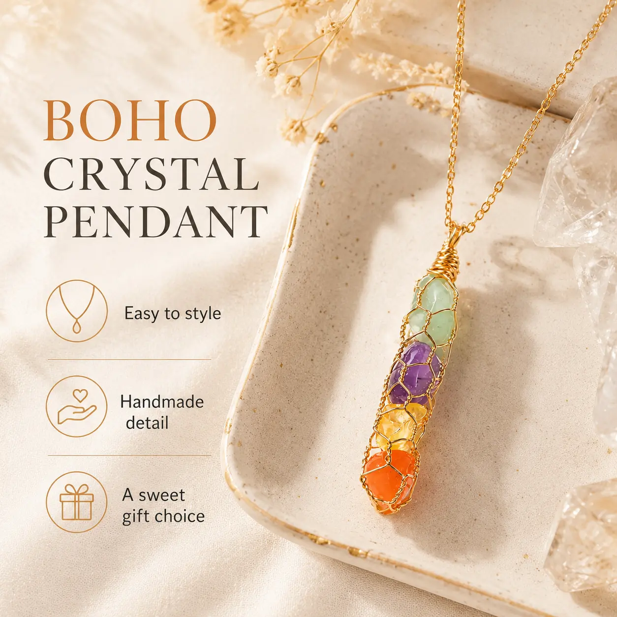 Women's Wire-Wrapped Multicolor Stones Crystal Chip Bar Pendant Necklace with Gold-Tone Alloy Chain, Boho Layering Jewelry for Daily Wear, Gift