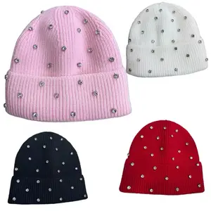 Women's Winter Knit Beanie Hat Soft Warm Fake Diamond Embellished for Party Casual Outfit Gift