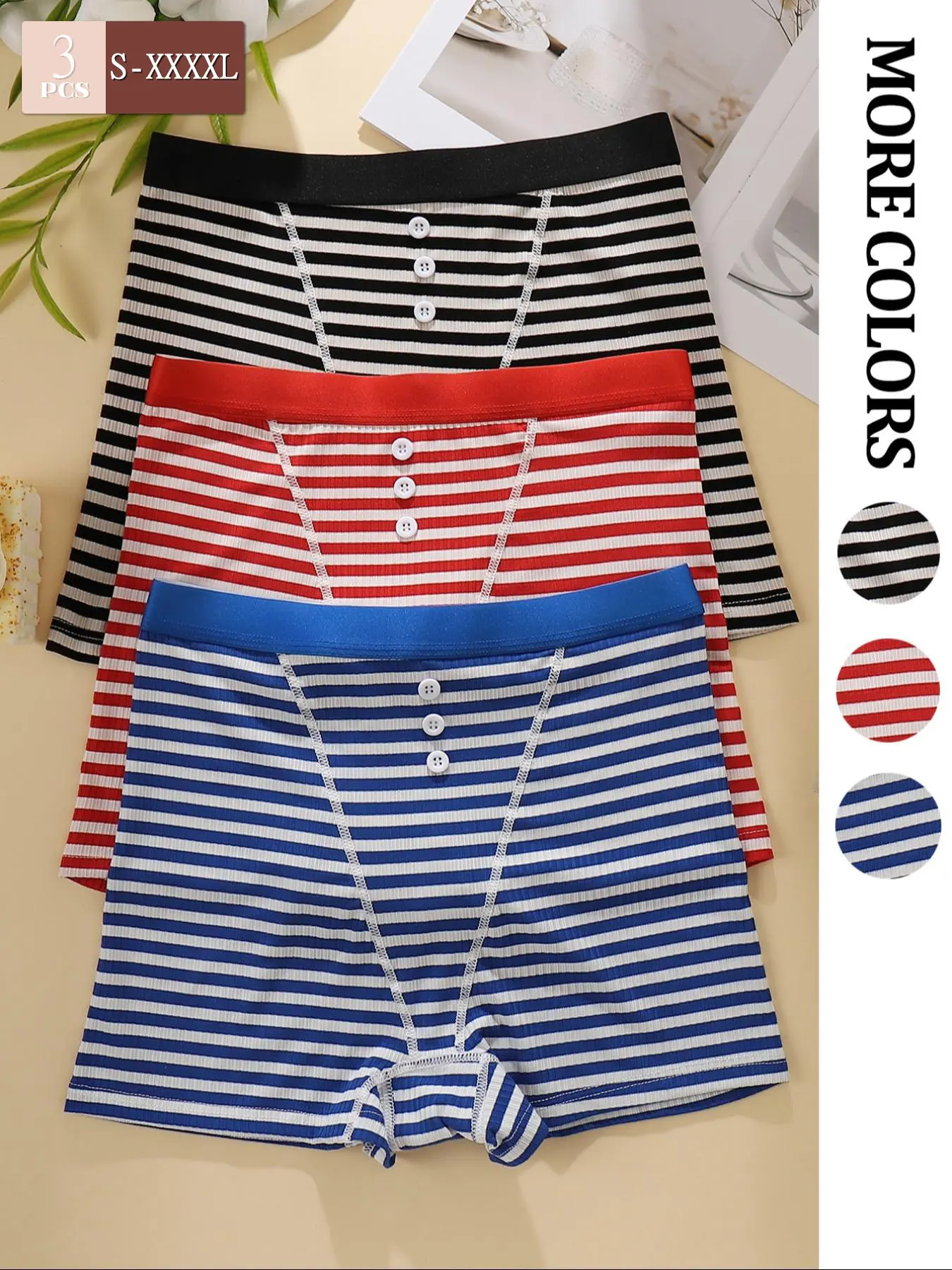 3 pcs-Women's Striped Print Elastic Shorts Set, Comfy Stretchy Shorts, Fitted Casual Style, All Seasons Wearable, Comfortable Home & Gym Use, Multiple Sizes Available, Button Underwear, Womenswear
