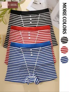 3 pcs-Women's Striped Print Shorts Set, Fitted Casual Style, All Seasons Wearable, Comfortable Home & Gym Use, Multiple Sizes Available, Button Underwear, Womenswear