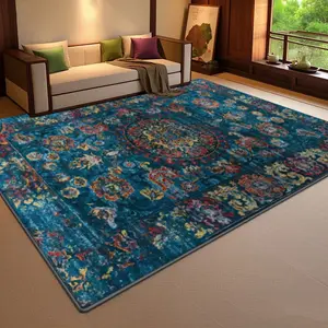 Velvet Soft Comfort Blue Floral Print Rug, Soft Area Rug, Home Decor Carpet, Living Room Large Mat, Sofa Pad, Door Mat, Coffee Table Mat, Bedroom Rug