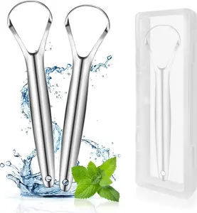 2 Pack Metal Tongue Scraper for Adults, Stainless Steel Tongue Cleaner with Travel Case, Reusable Tongue Scraper for Oral Care. White