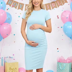 Stretchy Ruched Maternity Dress – Soft Cotton Bodycon Bump Friendly Summer Dress with Side Gathering for Pregnancy & Postpartum. Breathable Short Sleeve Knee Length Dress in XS-XXL. Perfect for Casual Wear, Dating & Work.